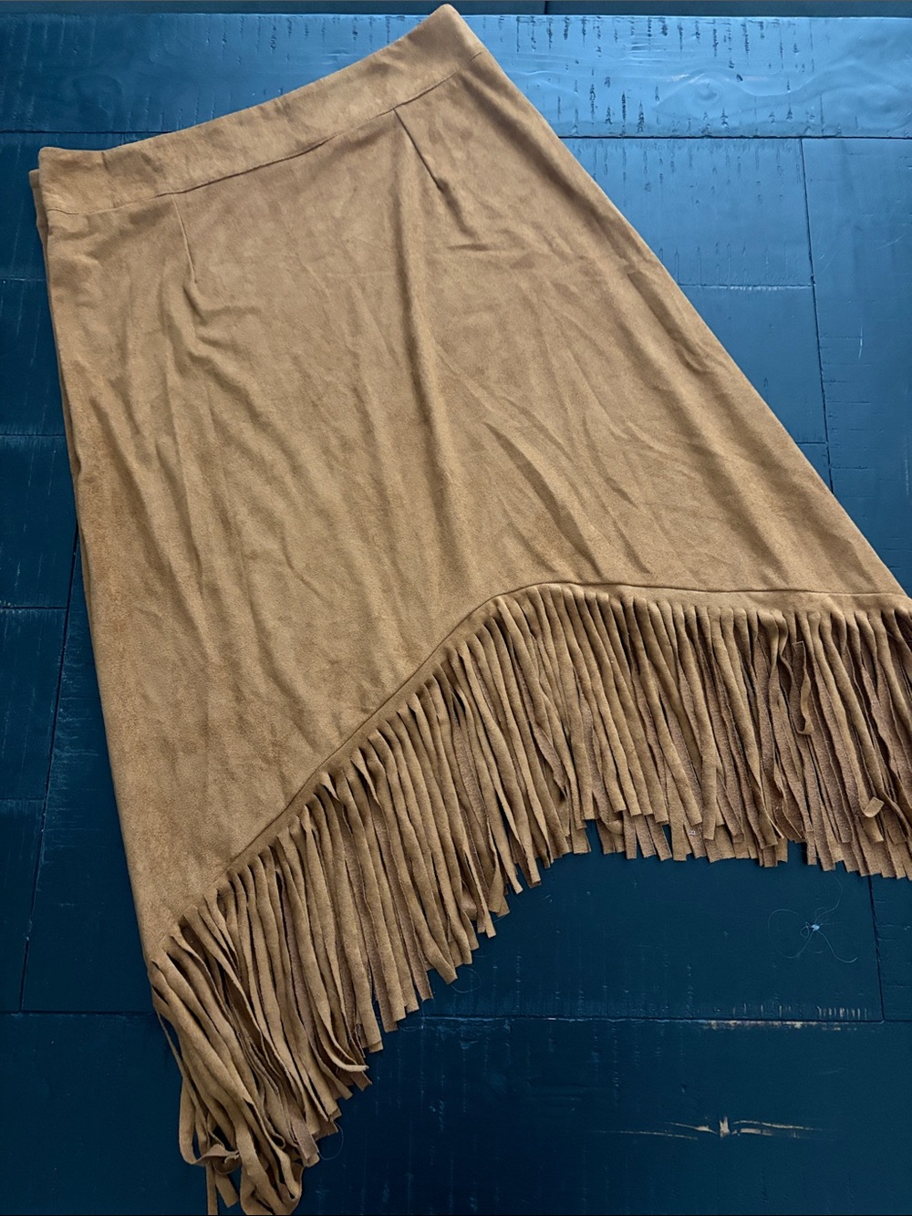 Fringe Hem Asymmetrical Skirt in Camel